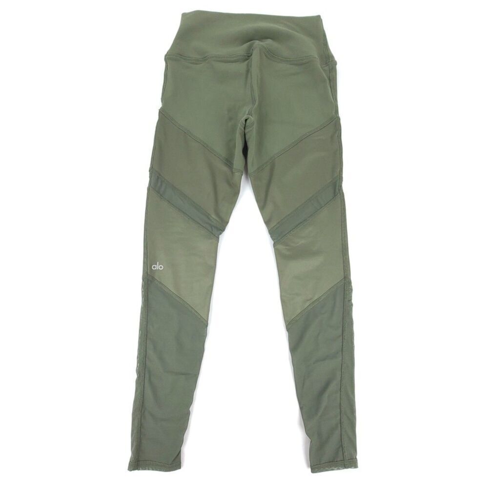 ALO YOGA Sheila High Rise Sheer Mesh Cut Out Leggings Jungle Green Olive Small - Picture 5 of 6